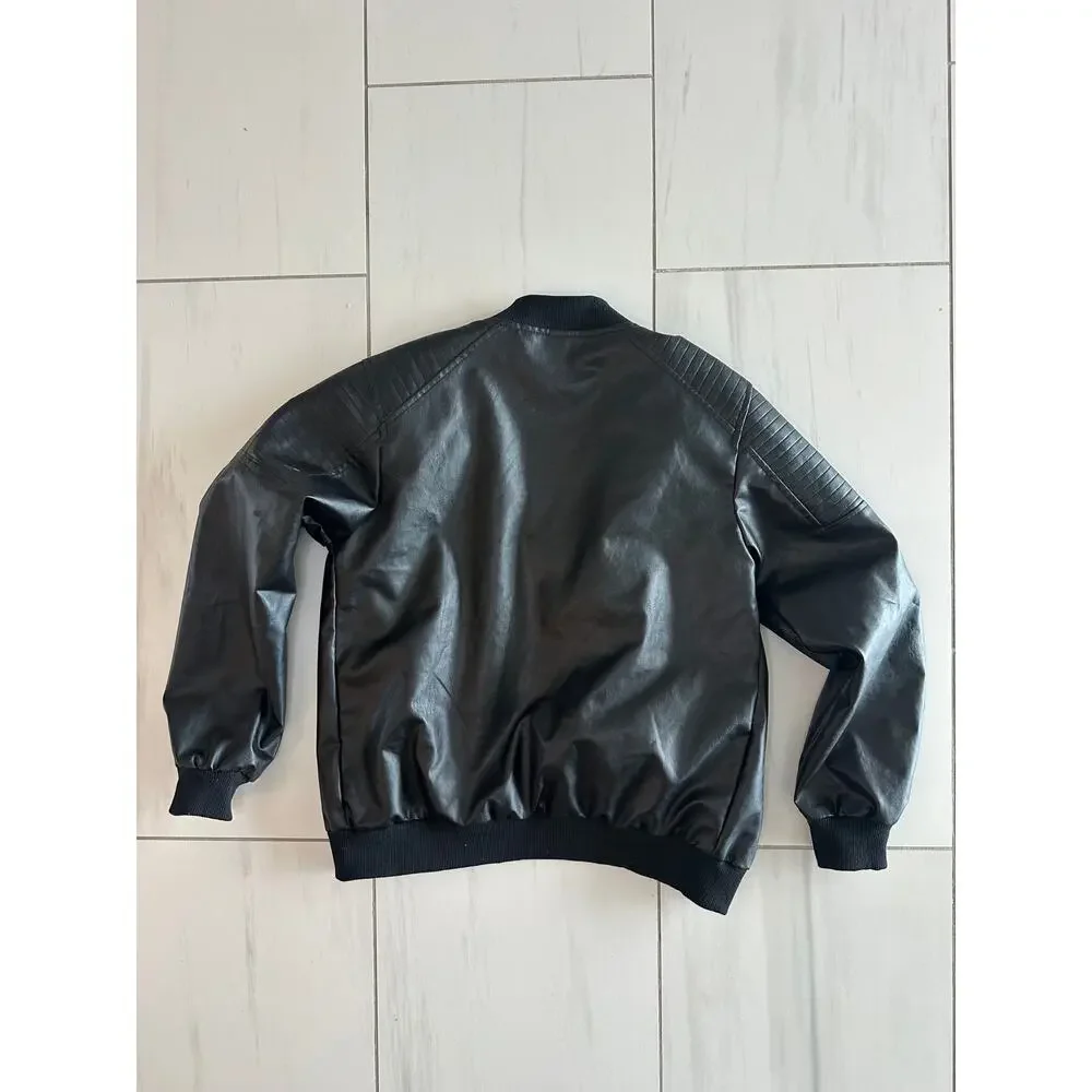Boys Black Faux Leather Bomber Jacket Size 160 Youth Zip Motorcycle Coat
